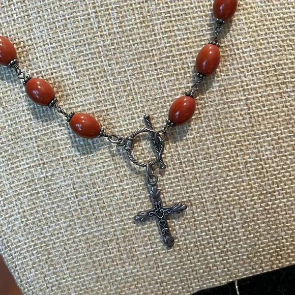 Silvertone Beaded Cross Necklace and Earrings Bundle - Picture 4 of 7